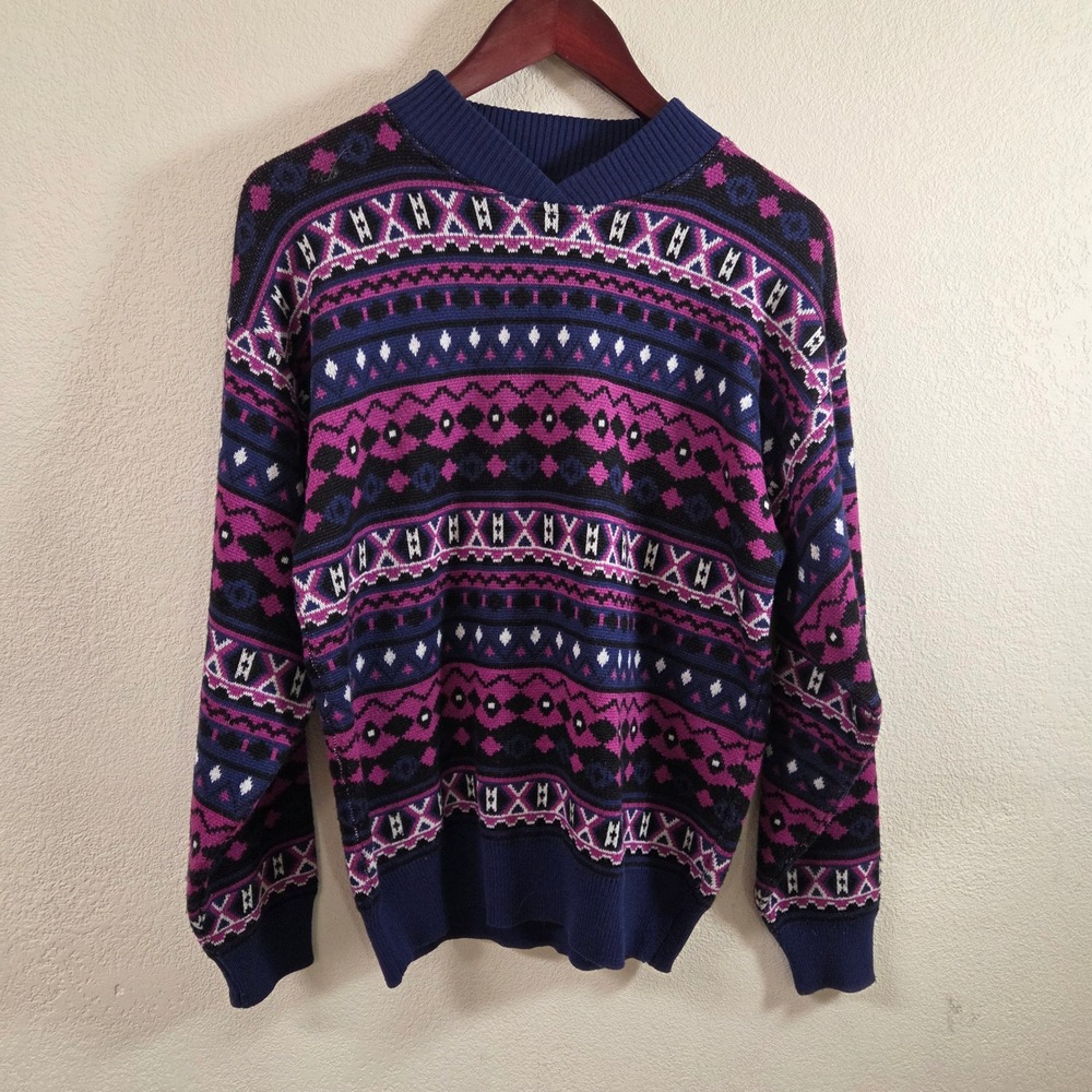 Inside Edge Vintage 80s 90s Fair Isle Wool Blend Sweater Mens Large Blue Purple